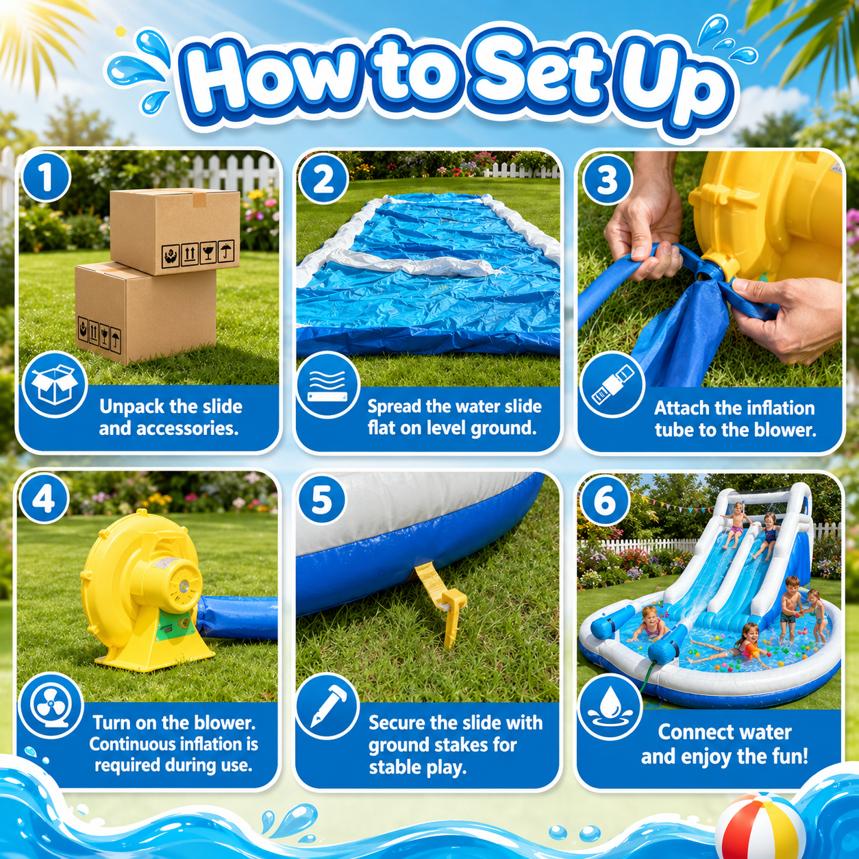 Inflatable Double Water Slide with Climbing Wall & Large Splash Pool - Backyard Kids Water Park with Blower & Accessories, Blue & White