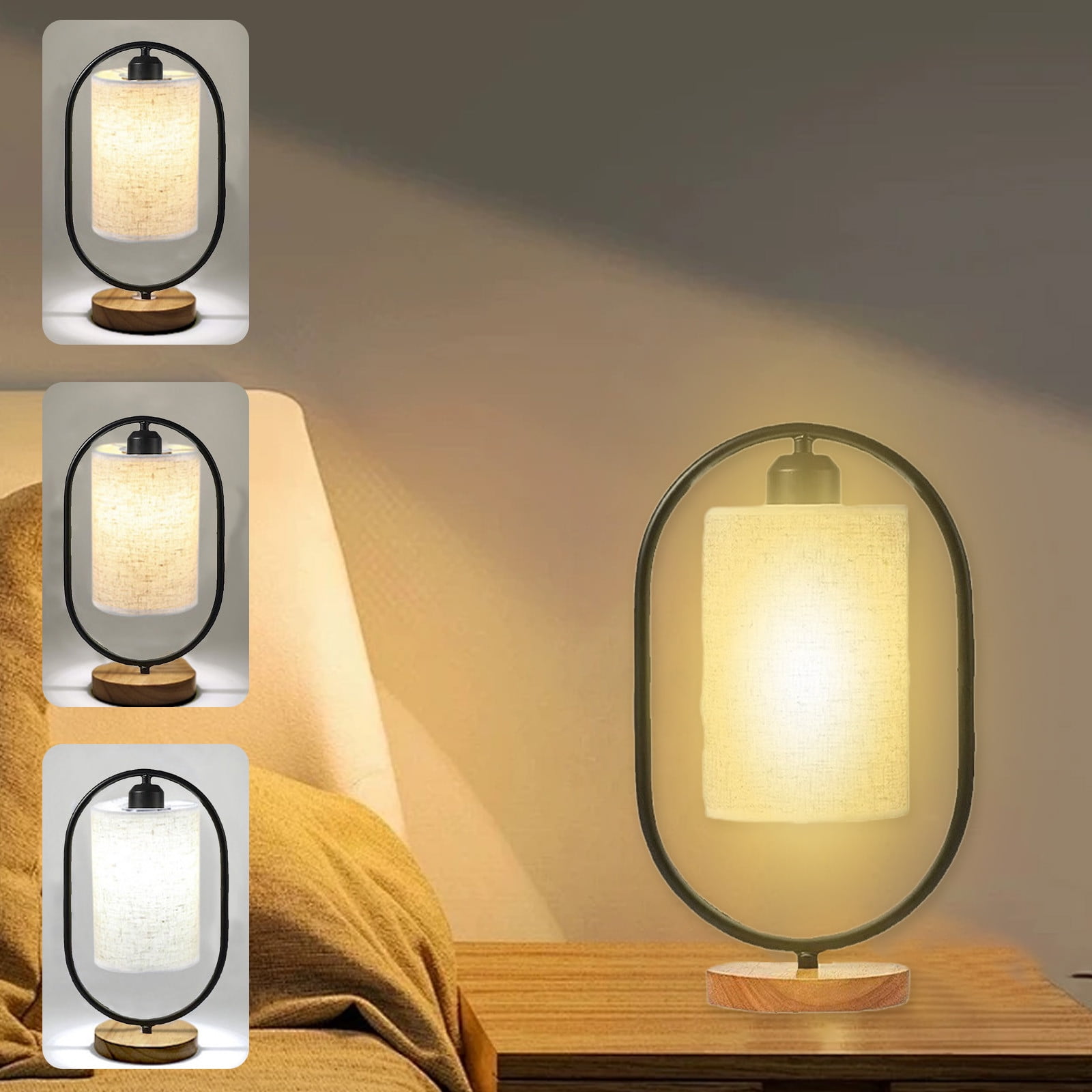 potrochi Small Table Lamp for Bedroom - Bedside Lamps for Nightstand, Minimalist Night Stand Light Lamp with Round Linen Fabric Shade, Desk Reading Lamp for Kids Room Living Room Office Dorm