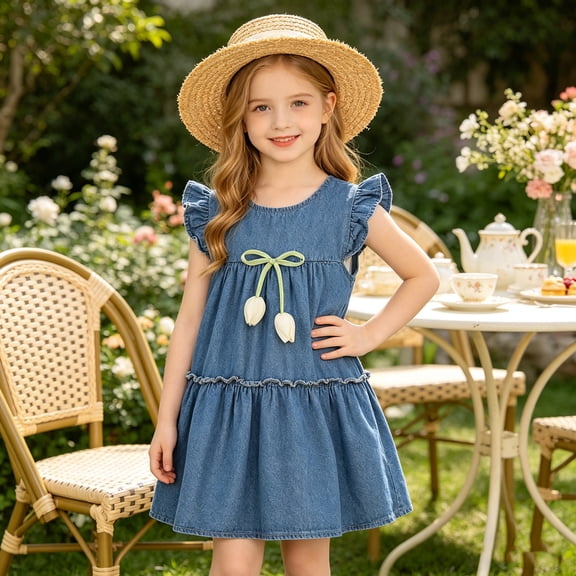 FSYBOA Girls Denim Dresses Size 4T, Fashion Flutter Sleeve Knee Length Summer Kids Jean Dresses Dark Blue