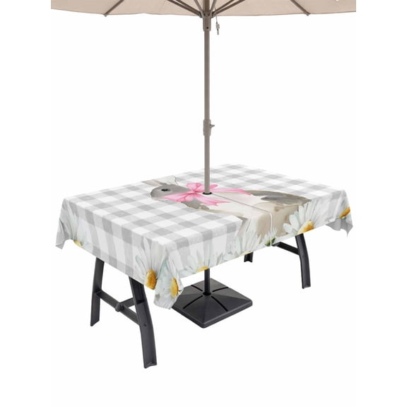 Blue Easter Bunny Outdoor Tablecloth - 60x120 Inch Rectangle Dining Table Cover, Spring Daisy Modern Gray Buffalo Plaid Waterproof Outdoor Table Cloth with Umbrella Hole & Zipper for Picnic/Patio