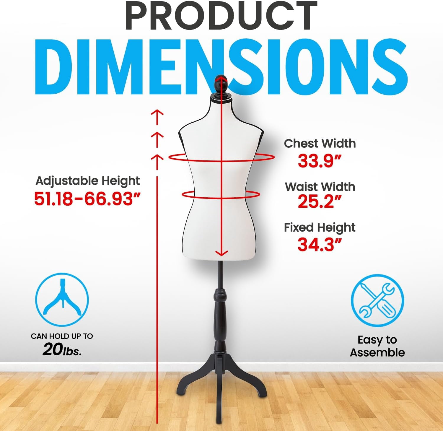 Mannequin - Adjustable Height, Durable Foam and Canvas Construction, Wooden Base, Compact Shoulder Width, Lightweight, Versatile Display for Clothing and Accessories, White