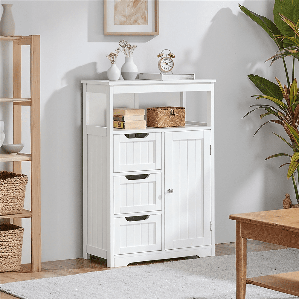 Alden Design Wooden Floor Cabinet Bathroom Storage Organizer Multiple Tiers Shelves Cabinet for Bedroom Bathroom Living Room Cabinet,White