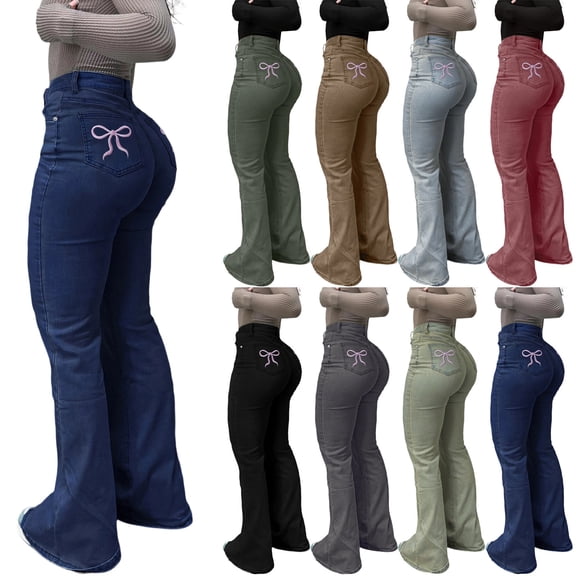 XUNKUSGA Womens Jeans Fashion Y2k Bowknot Embroidere Bell Bottom Jeans Comfortable Stretchy High Waisted Slim Womens Bootcut Jeans with Pockets S-16XL,Dark Blue