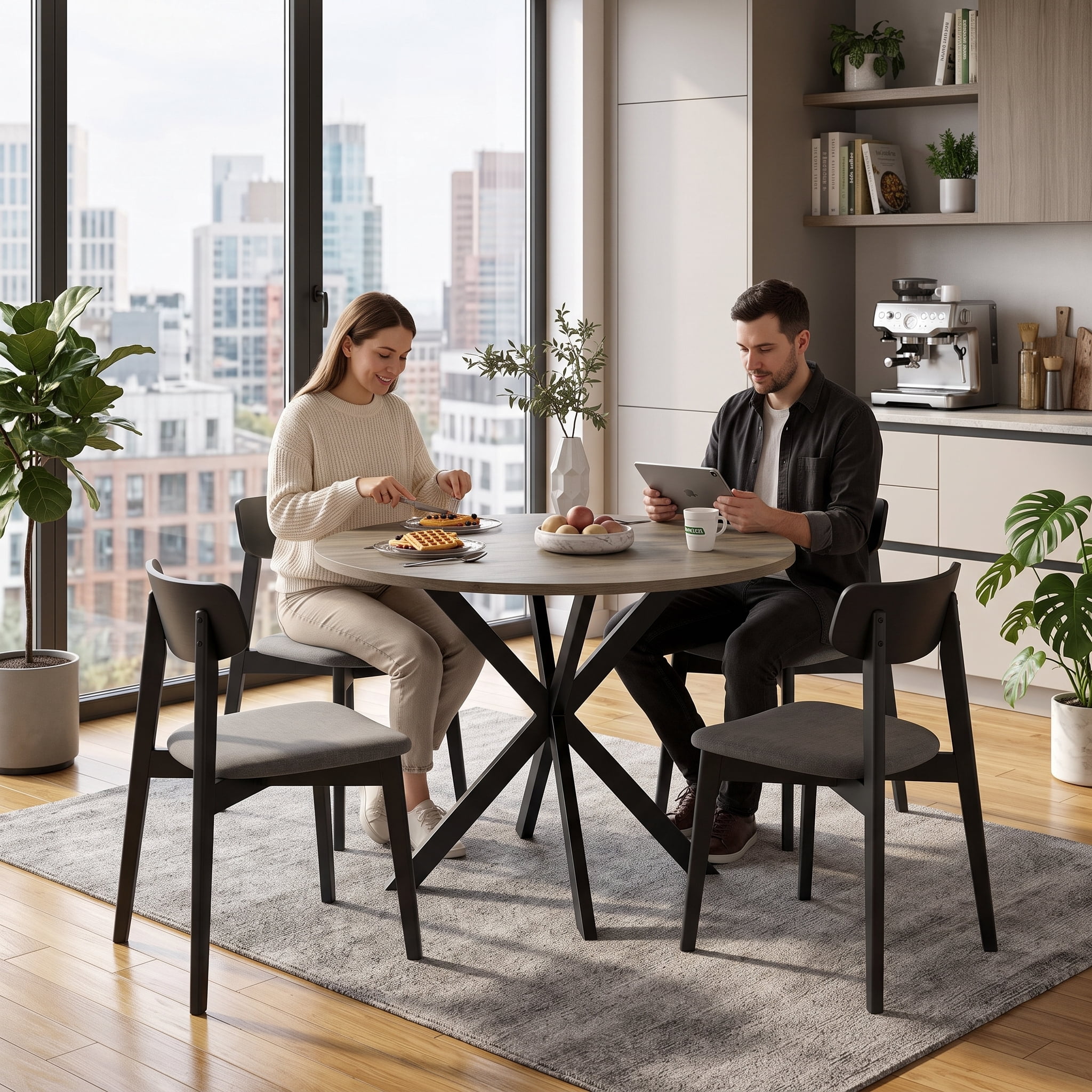 31.5 Inch Round Dining Table, Brown MDF Tabletop with Black Metal Legs, Modern Small Kitchen Table for 2-4 People, Easy Assembly
