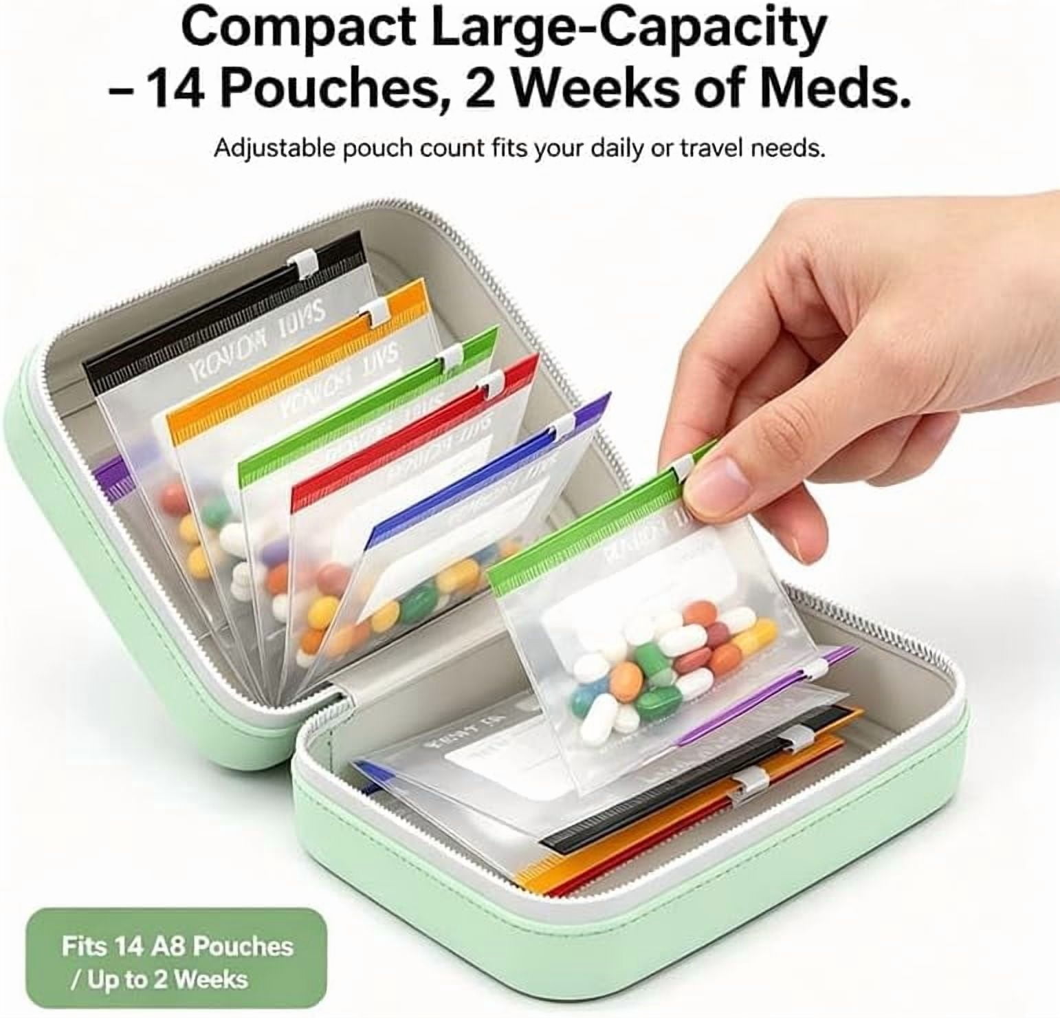 Waterproof Pill Pouch Set-14pcs Bags Inside,A8 Waterproof Pill Organizer Set,7 to 14 Days of Meds & Medicine Crush-Resistant Shell (Green)