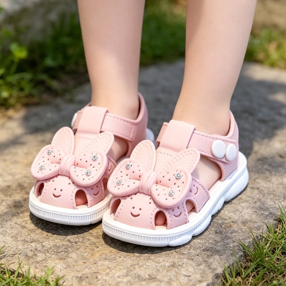 Gyujnb Toddler Girls Closed Toe Bunny Bow Sandals Hook Loop Soft Non- Summer Water Friendly Shoes,9-12 Months