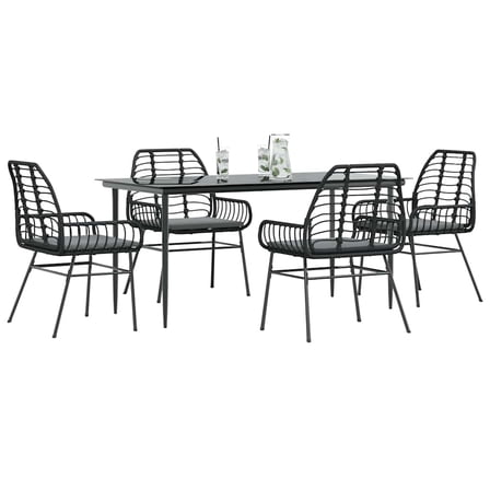 vidaXL 5 Piece Patio Dining Set with Cushions Black Poly Rattan Glass