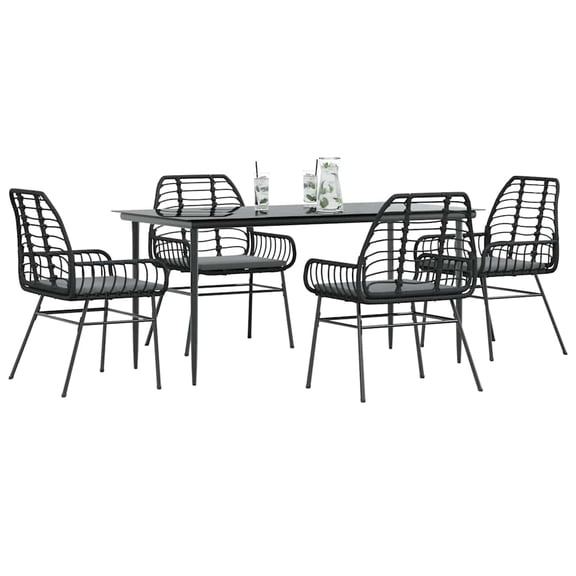 vidaXL 5 Piece Patio Dining Set with Cushions Black Poly Rattan Glass