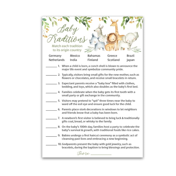 SAFARI ANIMALS Baby Shower Games — BABY TRADITIONS around the World Game — Pack of 25, Country JUNGLE THEME Shower Games, Welcome to the Wild GENDER NEUTRAL, Fun Facts Baby Shower Activity G550-BTW
