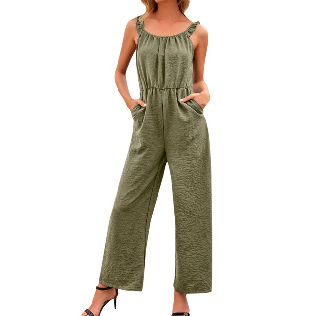 HBFAGFB Women's Jumpsuit Summer Casual Wide Leg Pants Versatile Rompers with Pockets Green Size L