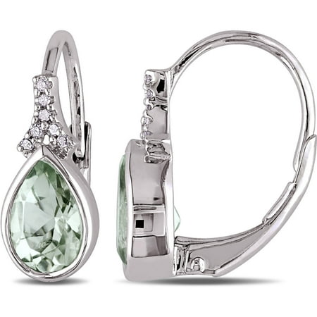 1-5/8 Carat T.G.W. Pear-Cut Green Amethyst and Diamond-Accent Sterling Silver Leverback Earrings