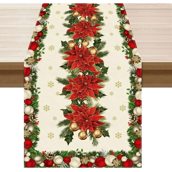 Christmas Poinsettias Leaves Bells Snowflakes Winter Xmas Table Runner Table Decoration for Home Kitchen Dining Holiday Decor 13x72 Inch