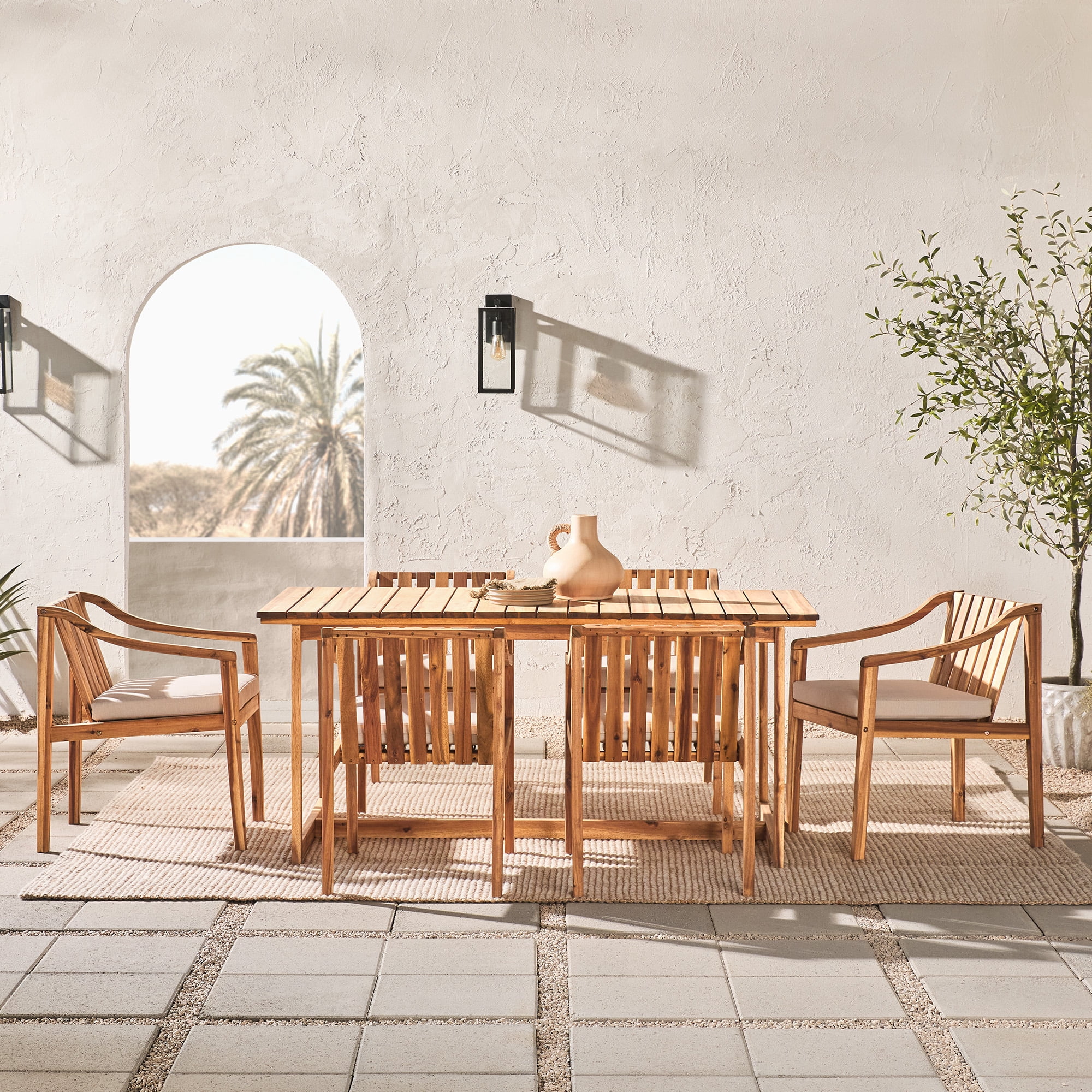 Walker Edison Modern 7-Piece Slatted Outdoor Dining Set, Natural