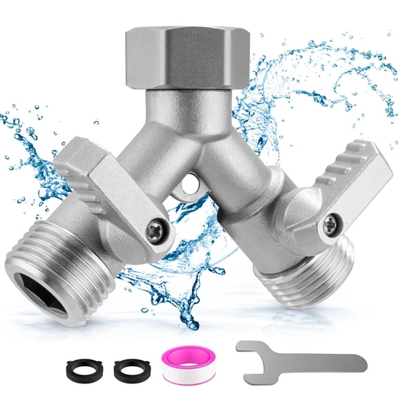 2-Way Garden Hose Splitter, Heavy Duty 304 Stainless Steel Y Hose Splitter with Shut Off Valves, 3/4" GHT Full Flow Connector