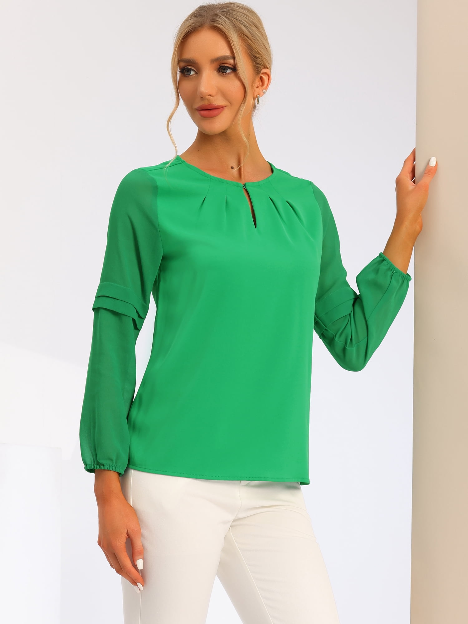 DARING DIVA Chiffon Semi Sheer Long Sleeves Keyhole Neck Blouse M Bright Green