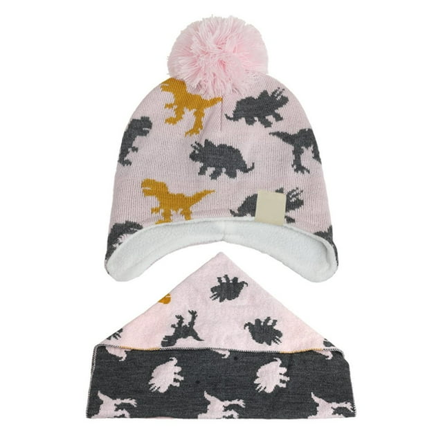 MesaSe Baby Kids Winter Ear Protection Beanie Warm Pompom Hat Dinosaur Print Scarf Set