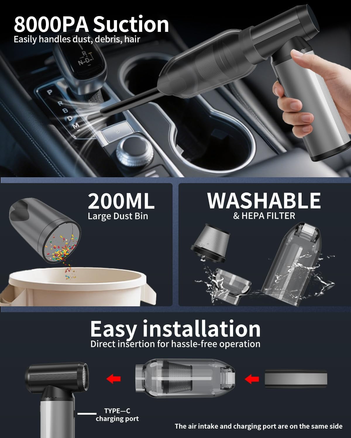 MUSICOZY Compressed Air Duster,2-in-1 Duster Blower&Vacuum with 320000RPM Super Power,Electric Air Duster Rechargeable,3-Gear Adjustable Air Blower for Keyboard, Computer,Car Home Outdoor Cleaning