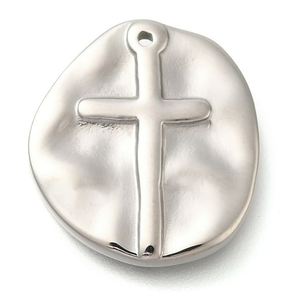 10 pc Anti-Tarnish 304 Stainless Steel Pendants Flat Round with Cross Charm Stainless Steel color 19.5x18x3mm Hole: 1.2mm 304 Stainless Steel