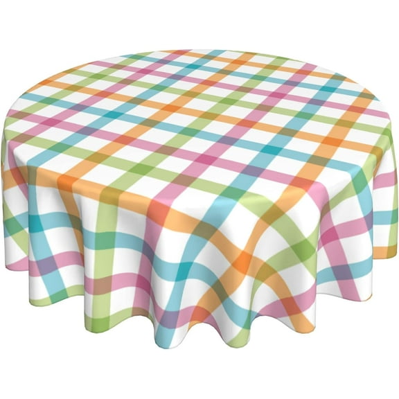 Spring Plaid Easter Tablecloth Round 60 Inch Pink Blue Green Checked Table Cloth Waterproof Washable Polyester Table Cover for Kitchen Dining Table Picnic Easter Party Decorations