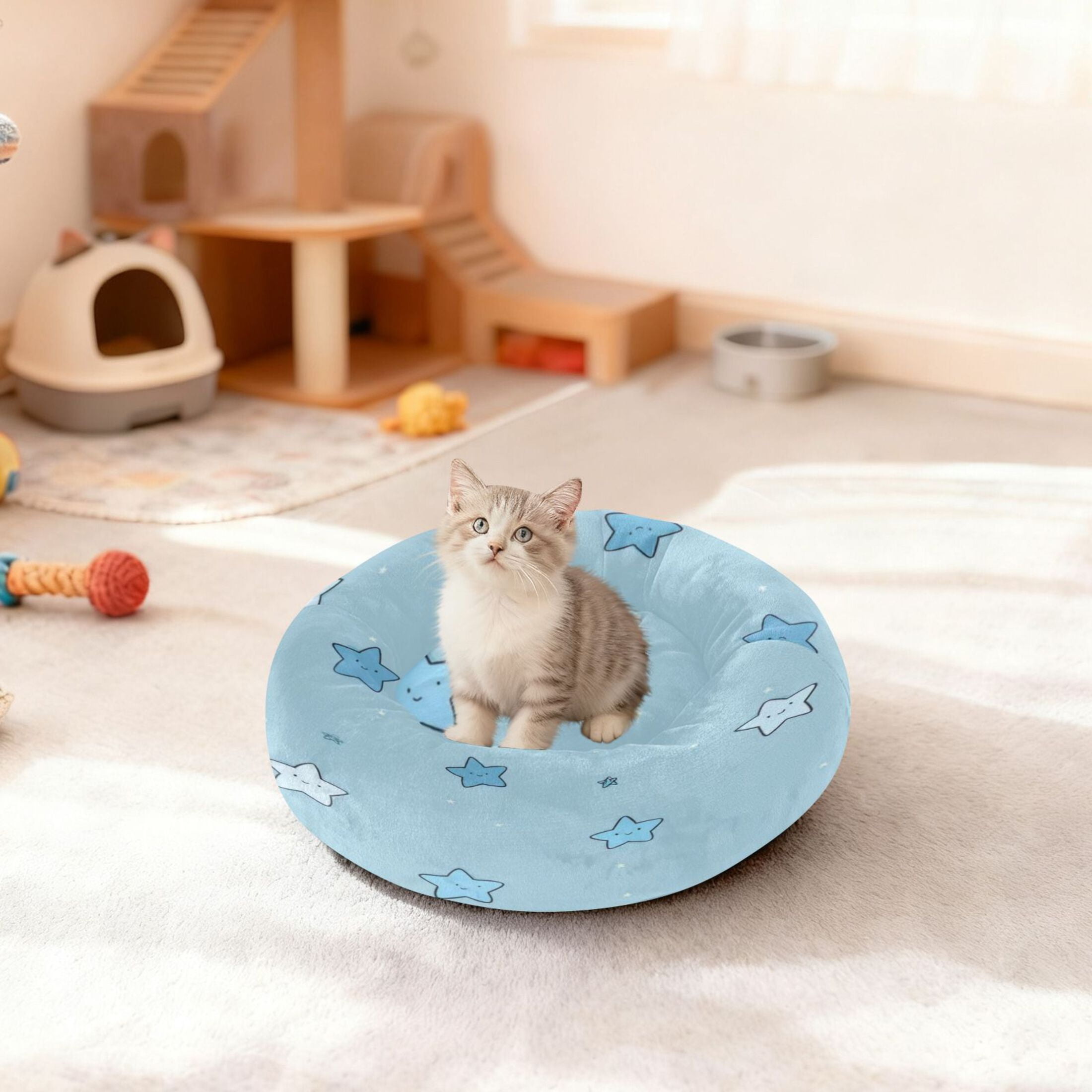 Iauyy Pet Couch Donut Cat Bed for Indoor Cats/Small Dogs Washable & Machine with Non-slip Bottom Calming Cat Furniture, Some Blue and White Colors (M)