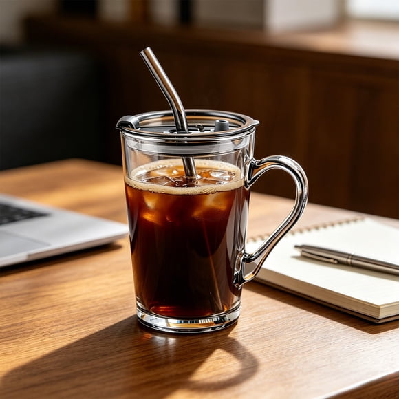Glass Water Cup with Handle, 450ml Capacity, Lead-Free Thickened Glass, Includes Lid and Reusable Glass Straw, Heat Resistant for Hot and Cold Drinks, Brown/Gray/Clear