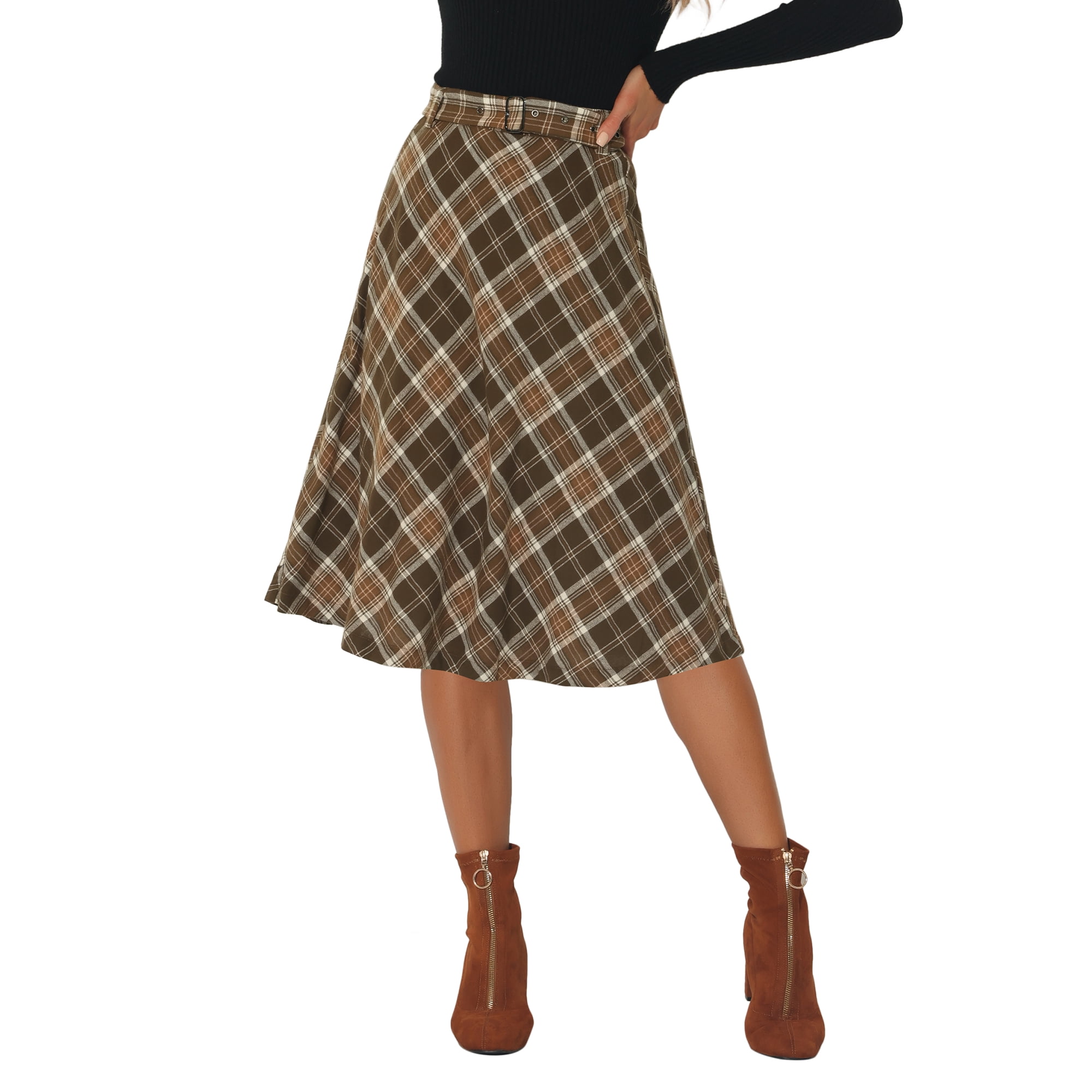 Unique Bargains Tartan Plaid Skirt for Women s High Waist Belted Retro A Line Midi Skirt Brown XS Walmart