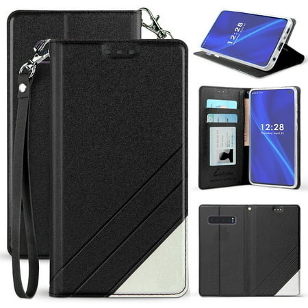 Case for Galaxy S10, [Black] Infolio Wallet Credit Card Slot ID Cover, View Stand [with Wrist Strap Lanyard] for Samsung Galaxy S10 Phone (SM-G973)