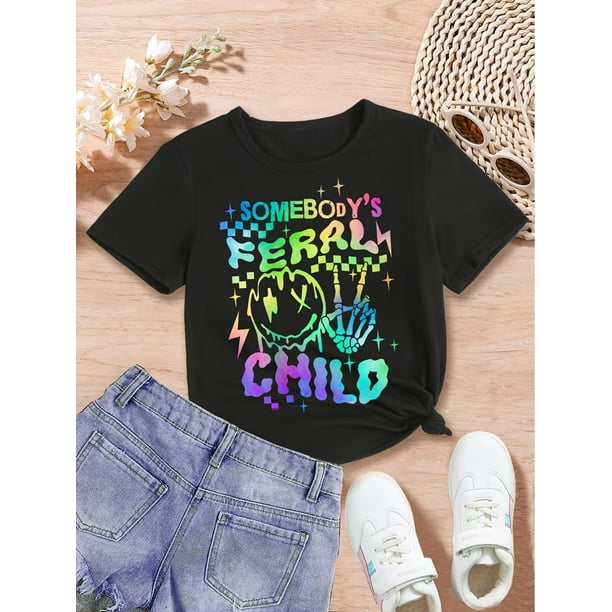 SOMEBODY'S FERAL CHILD And Cartoon Face With Skeletal Hand Graphic Print, Girls' Casual Crew Neck Short Sleeve T-shirt, Comfy Top Clothes For Spring And Summer For Outdoor Activities