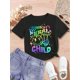 thumbnail image 1 of SOMEBODY'S FERAL CHILD And Cartoon Face With Skeletal Hand Graphic Print, Girls' Casual Crew Neck Short Sleeve T-shirt, Comfy Top Clothes For Spring And Summer For Outdoor Activities, 1 of 6