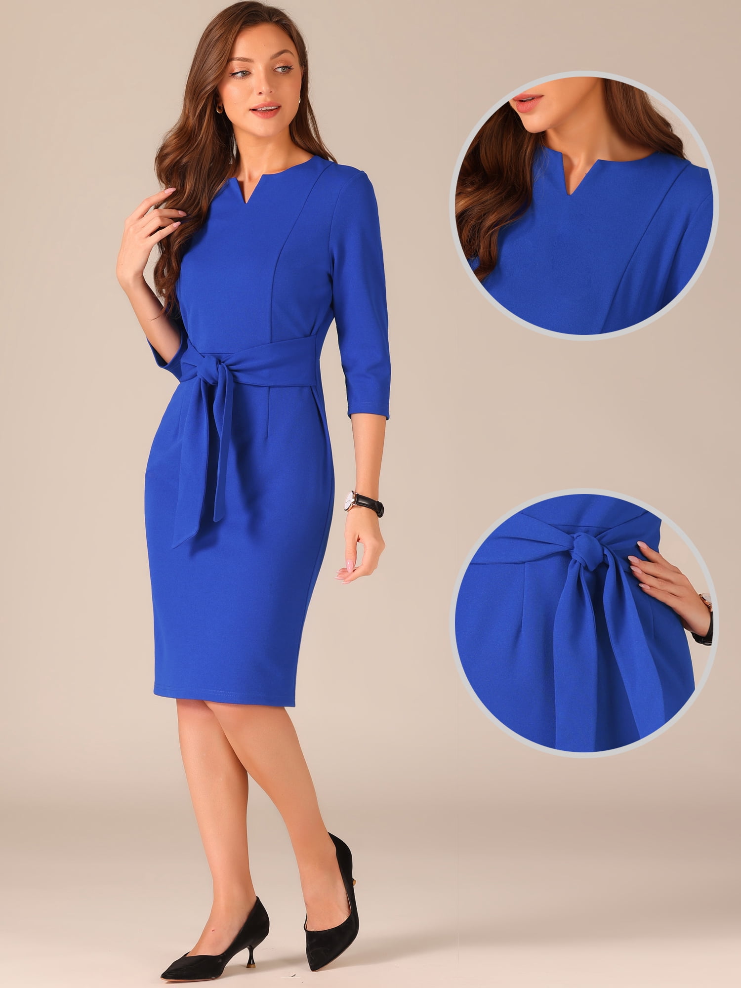 DARING DIVA Tie Front Slit Neck 3/4 Sleeve Sheath Work Dress XL Royal Blue