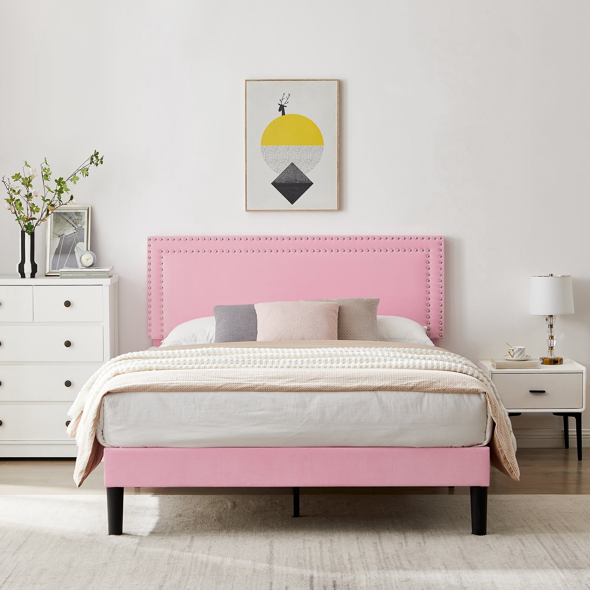 Katkuca Full Bed Frame, Upholstered Queen Size Platform Bed Frame with Adjustable Headboard, Strong Wood Slat Support, No Box Spring Needed, Pink