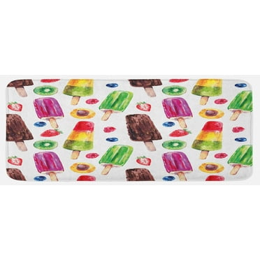Sweets Kitchen Mat, Yummy Vivid Ice Creams with Fruit and Chocolate Flavors Kiwi Watercolor Design, Plush Decorative Kitchen Mat with Non Slip Backing, 47" X 19", Multicolor, by Ambesonne