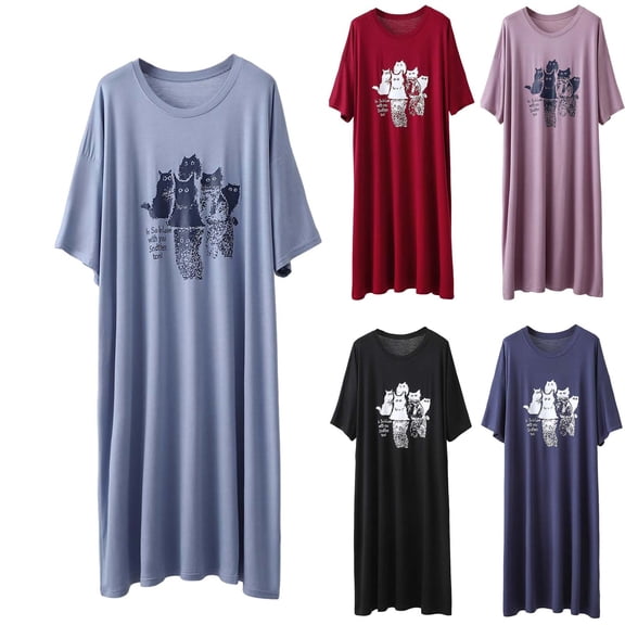 CHUMUD Nightgowns for Women Short Sleeve Sleepdress Modal Soft Cute Cat Print Pajama Dress Summer Casual Pjs Lounge Midi Dress