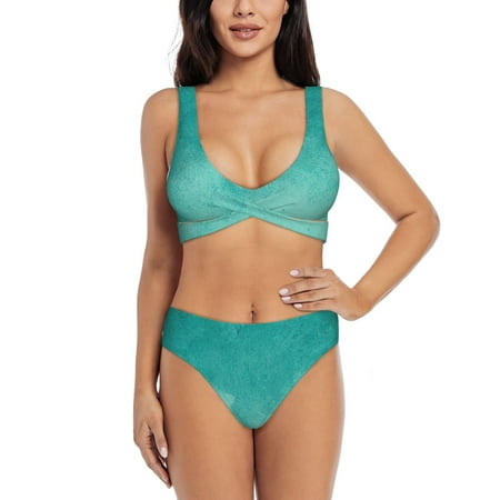 Zeuib Teal Turquoise1 High Waisted Tummy Control Bikini Set - Knot Front Push Up Top & Cheeky Thong Bottom  Two-Piece Swimsuit for Women-Small