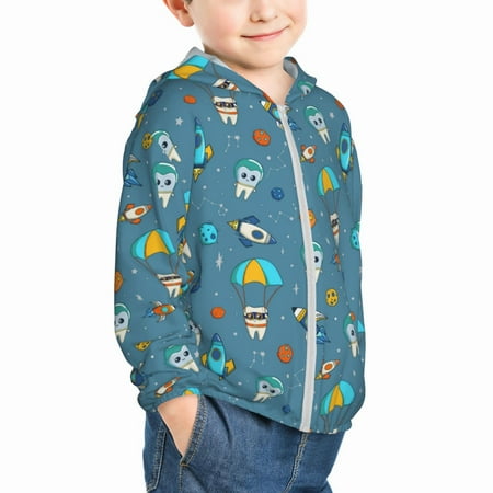 

Uemuo Teeth Cosmonaut Pattern Rash Guard for Boys Girls Long Sleeve Swim Shirts UPF 50+ UV Sun Protection Hooded Fishing Shirt with Pocket for Kid-2 Years
