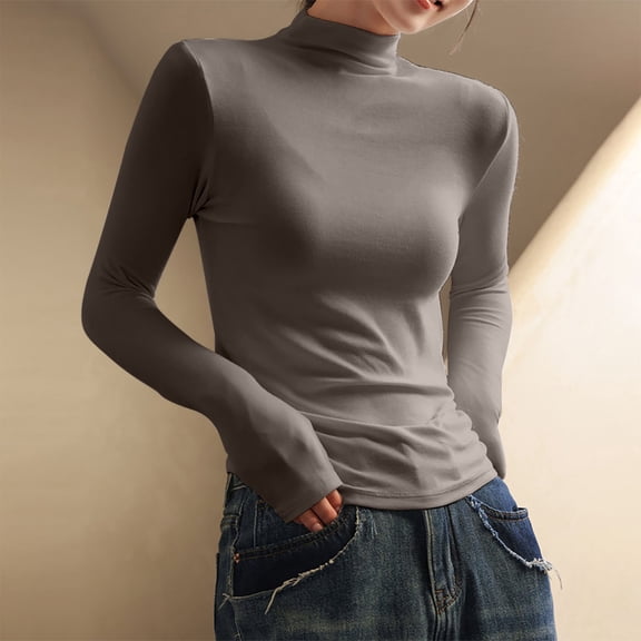 Uniqlo Women Long Sleeve Tops Women's Half-high Collar Bottom Shirt For Women Shoulder Long Sleeve T-shirt Top Bottom Long Sleeve Top,Khaki,XL