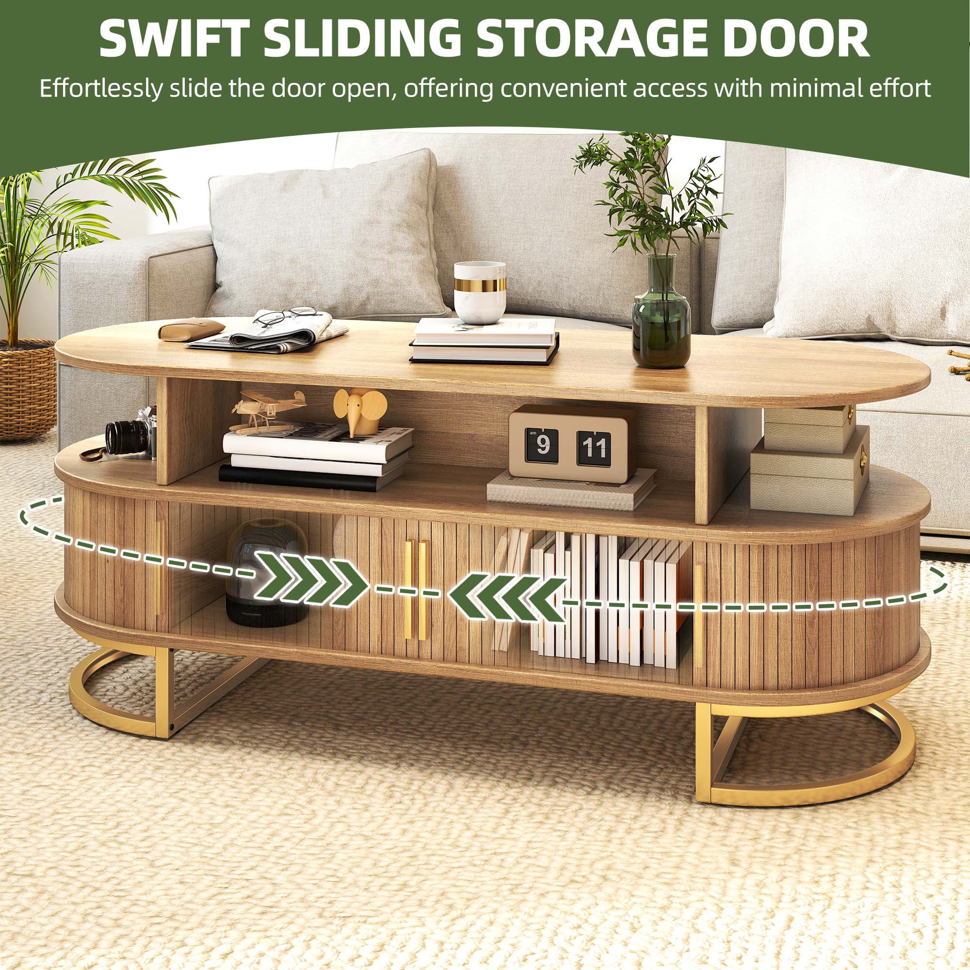 Uforic Oval Coffee Table with Storage & Fluted Sliding Doors for Living Room, Oak