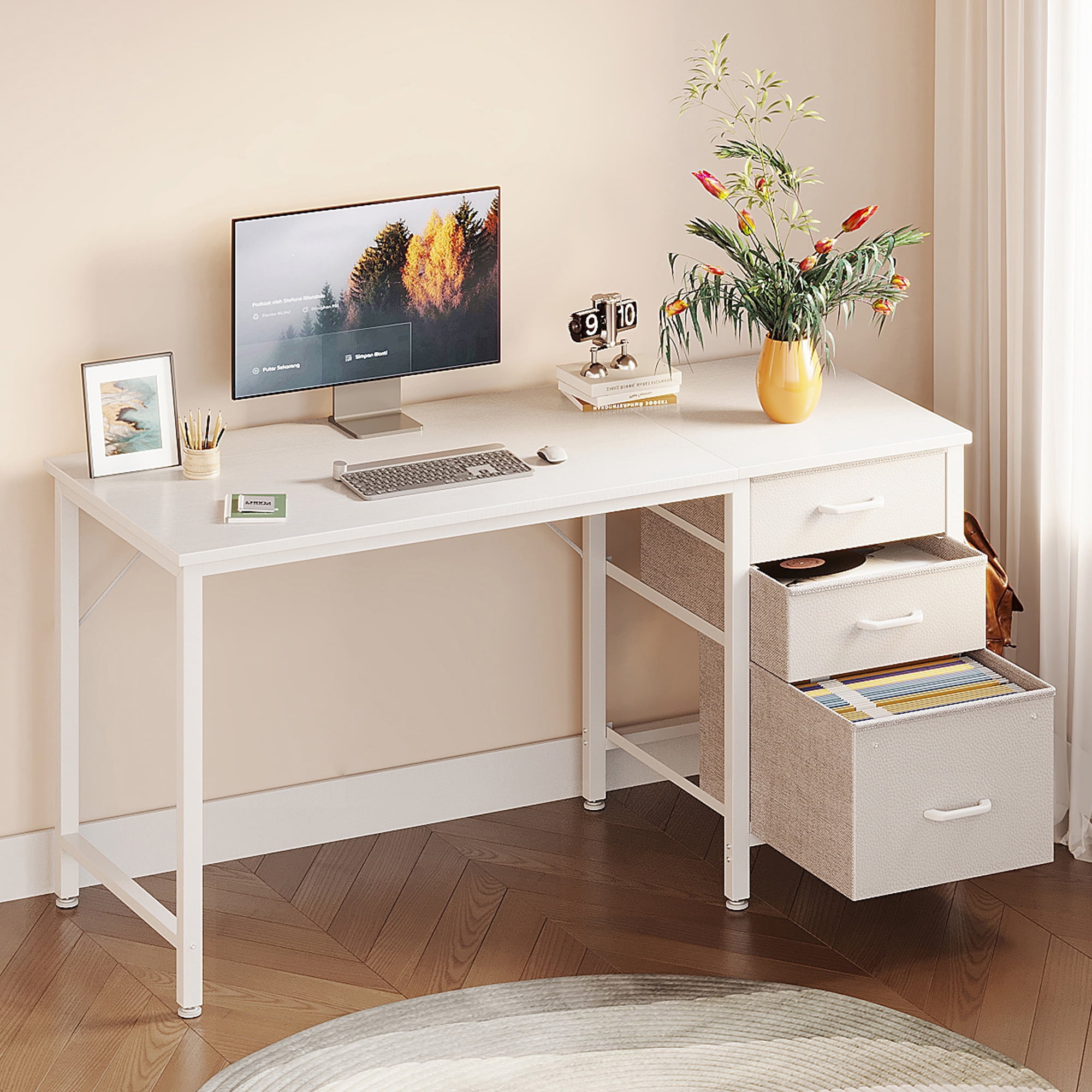 Casacomoda 48 Inch Computer Desk with Fabric Drawers & File Cabinet, Home Office Desk for small space, Vanity Desk for Bedroom, White