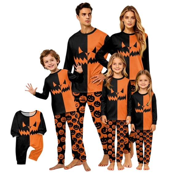 HTHLVMD Halloween Pajamas, Family Pajamas, Halloween Matching Family Pajamas Black Orange Skeleton Print Long Sleeve 2 Piece Pj Set Spooky Sleepwear Nightwear Loungewear Gothic Family Photos