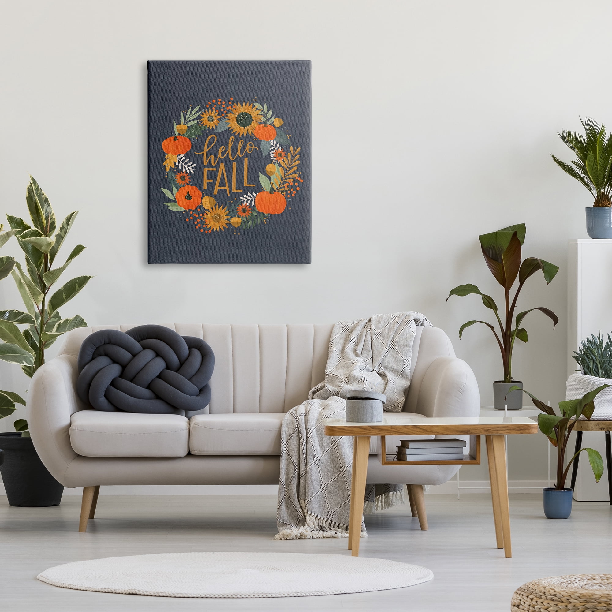 Stupell Industries Hello Fall Autumn Greeting Sunflower Pumpkin Wreath, 30 x 40, Designed by Loni Harris