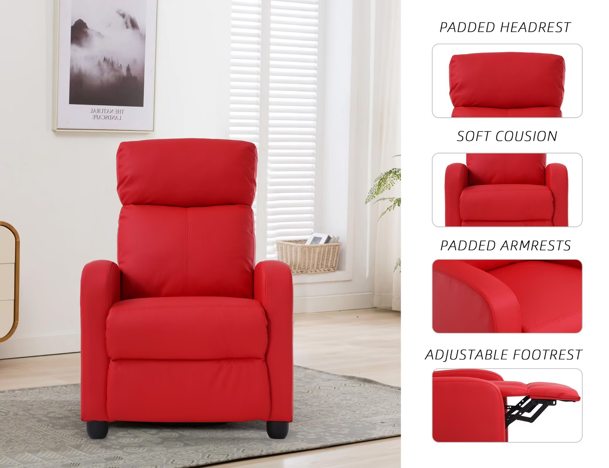 YRLLENSDAN Recliner Chair for Living Room Home Theater Seating Single Reclining Sofa Lounge with Padded Seat Backrest (Red)