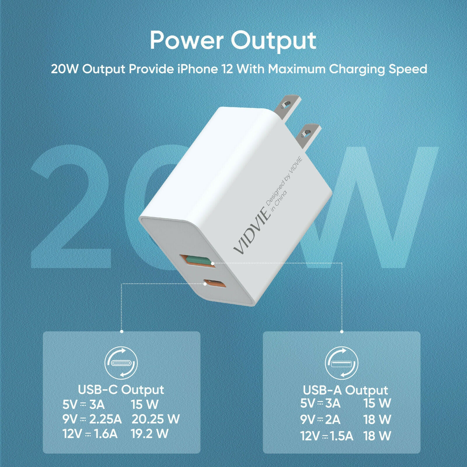 VIDVIE Type C and USB A output charger head with type to iPhone cable included compatible with iPhone 8 and up