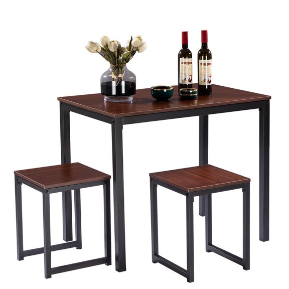 Ktaxon Modern Wood 3 Piece Dining Set Studio Collection Soho Dining Table with Two Stools Home Kitchen Breakfast Table,Walnut Color