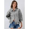 thumbnail image 4 of Women 3/4 Length Sleeve Striped Button Down Shirt Loose Fit Drop Shoulder Trendy Ruffle Hem Striped Blouses Top, 4 of 6