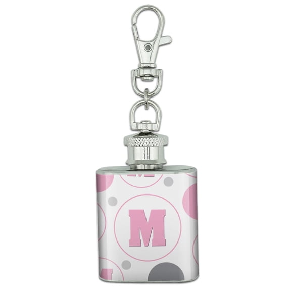 Letter M Initial Baby Girl Block Font Pink Shower Stainless Steel 1oz Mini Flask Key Chain
