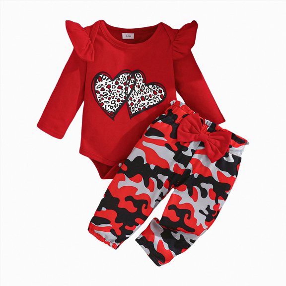 mgoYE Newborn Infant Baby Girl Clothes Fall Winter Outfits Heart Print Romper Camo Pants Infant Romper Pants Cute Baby Girls Clothes(Red,0-3 Months)
