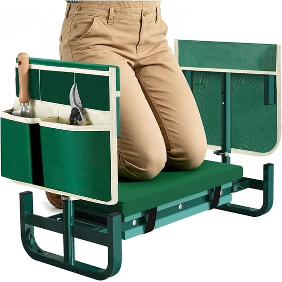 Yomfey Foldable Garden Kneeler and Seat for Seniors, Gardening Stool with Soft Cushion, Adjustable Legs & Tool Pouch, Portable Outdoor Garden Bench for Yard Work