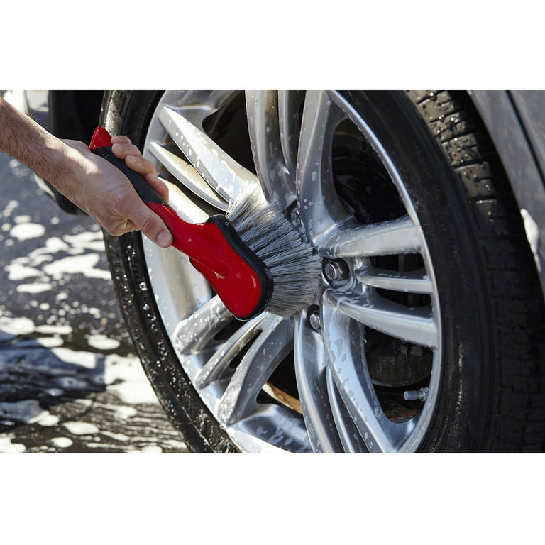 Mothers Car Wash Brush, Wheel and Fender Brush, Short Handle Tire Cleaner  for Car Detailing, 10 Inch, Red/Black
