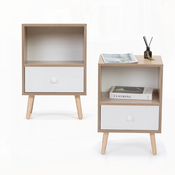 Mid-Century Wood Nightstand Set of 2 with Drawer & Shelf