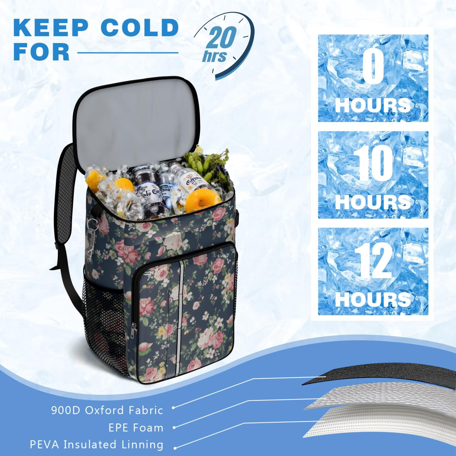 Travel Cooler Bag - Pioneer Flower Camping Beer Cooler Backpack with Bottle Opener- Waterproof Insulated Picnic Backpacks - Cooler Bag for Beach